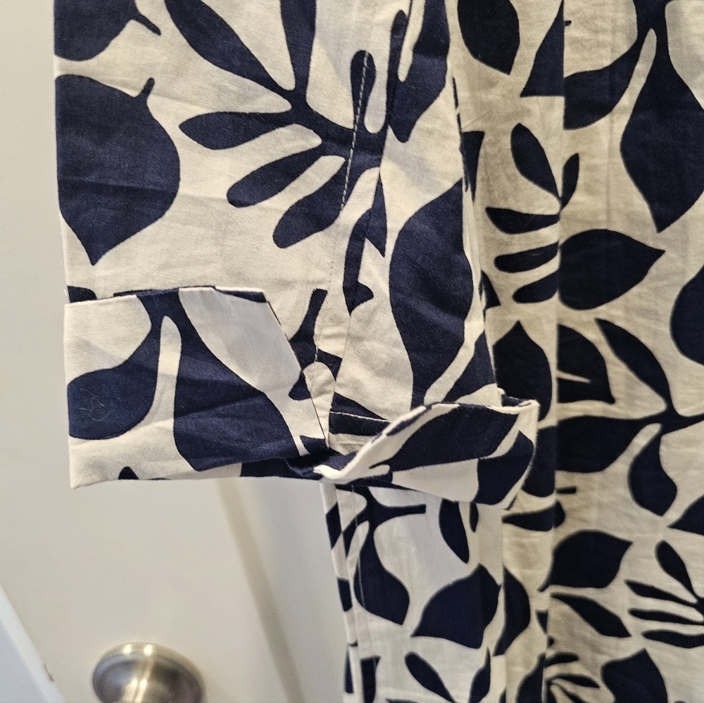 KikiSol Navy Leaf Print Cotton Zip Front Tunic Jacket Size XL Lightweight Boho R - Picture 5 of 12